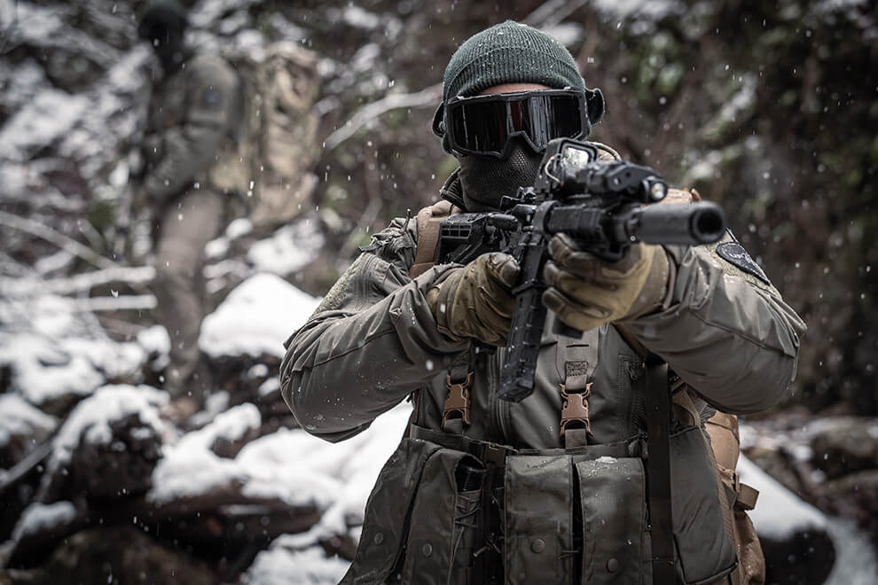 A tactical operator in a snowy environment