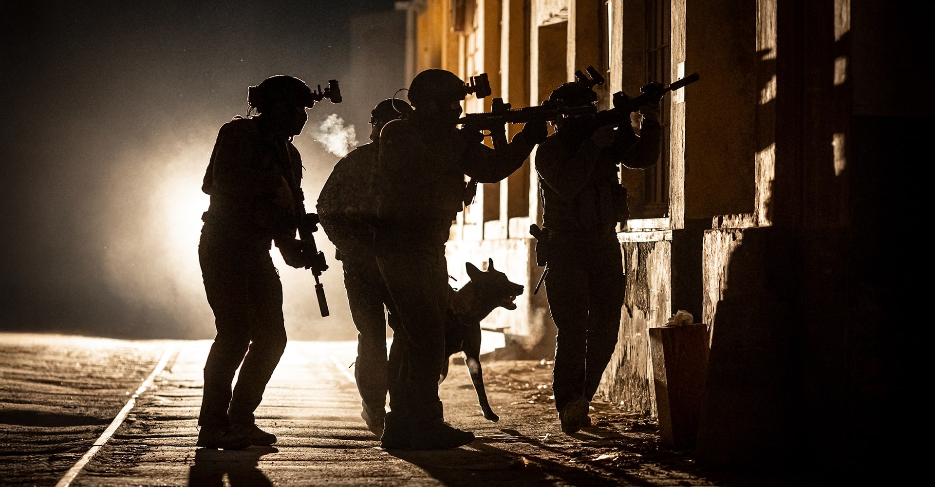 Operators moving swiftly during a night operation with a K9 dog by their side.
