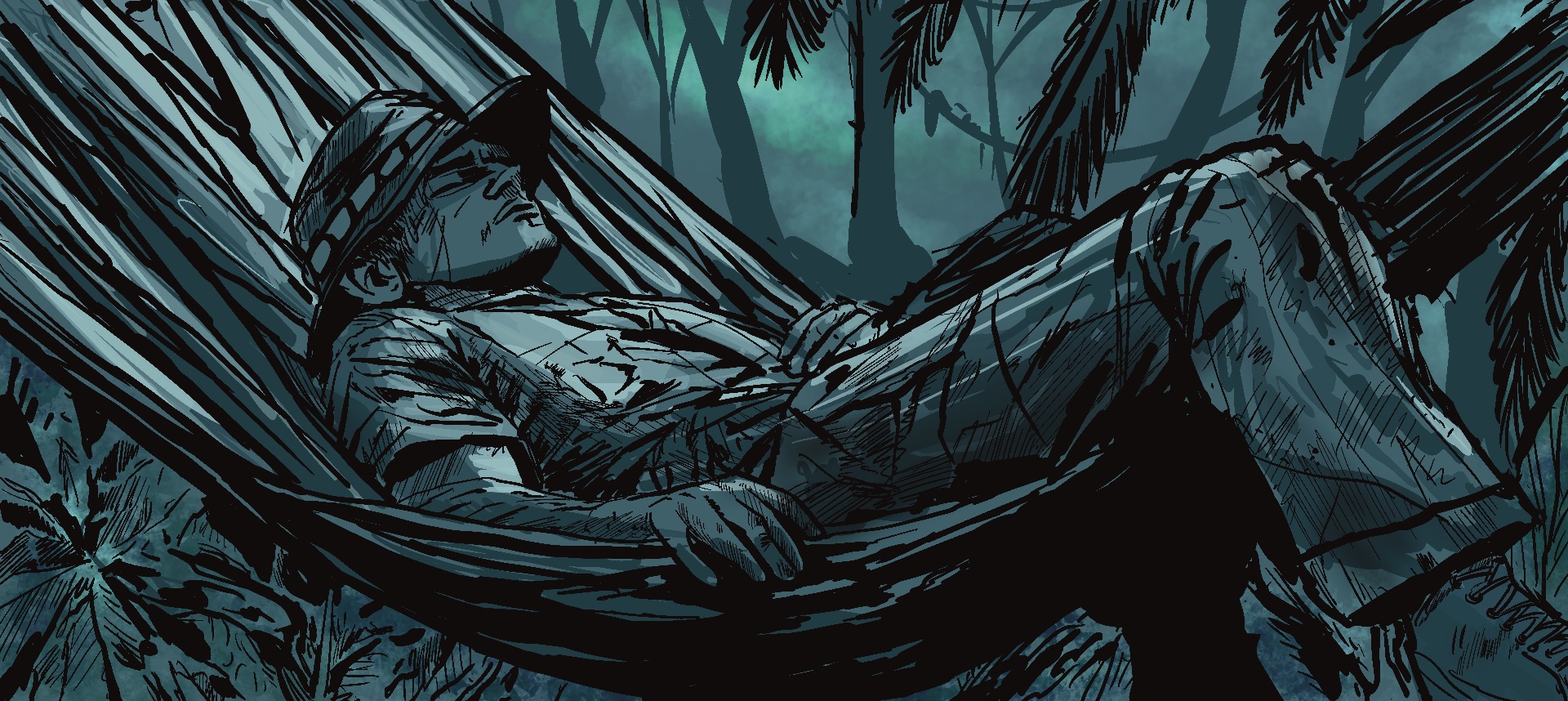 A soldier wearing a bonnie hat and wet uniform sleeps in a hammock in a dense, dark forest. 