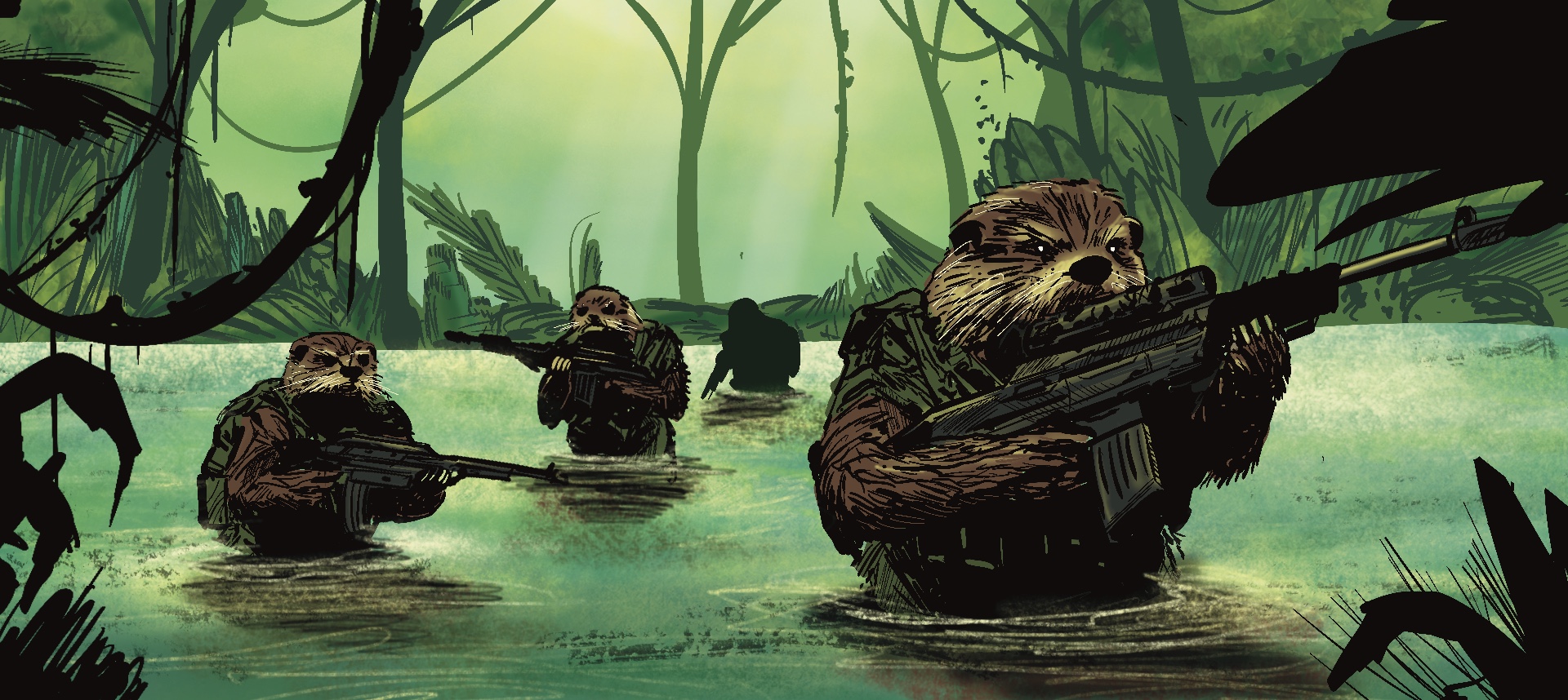 Three otters in military gear wade through a swamp, holding rifles, against a backdrop of a dense, green jungle.