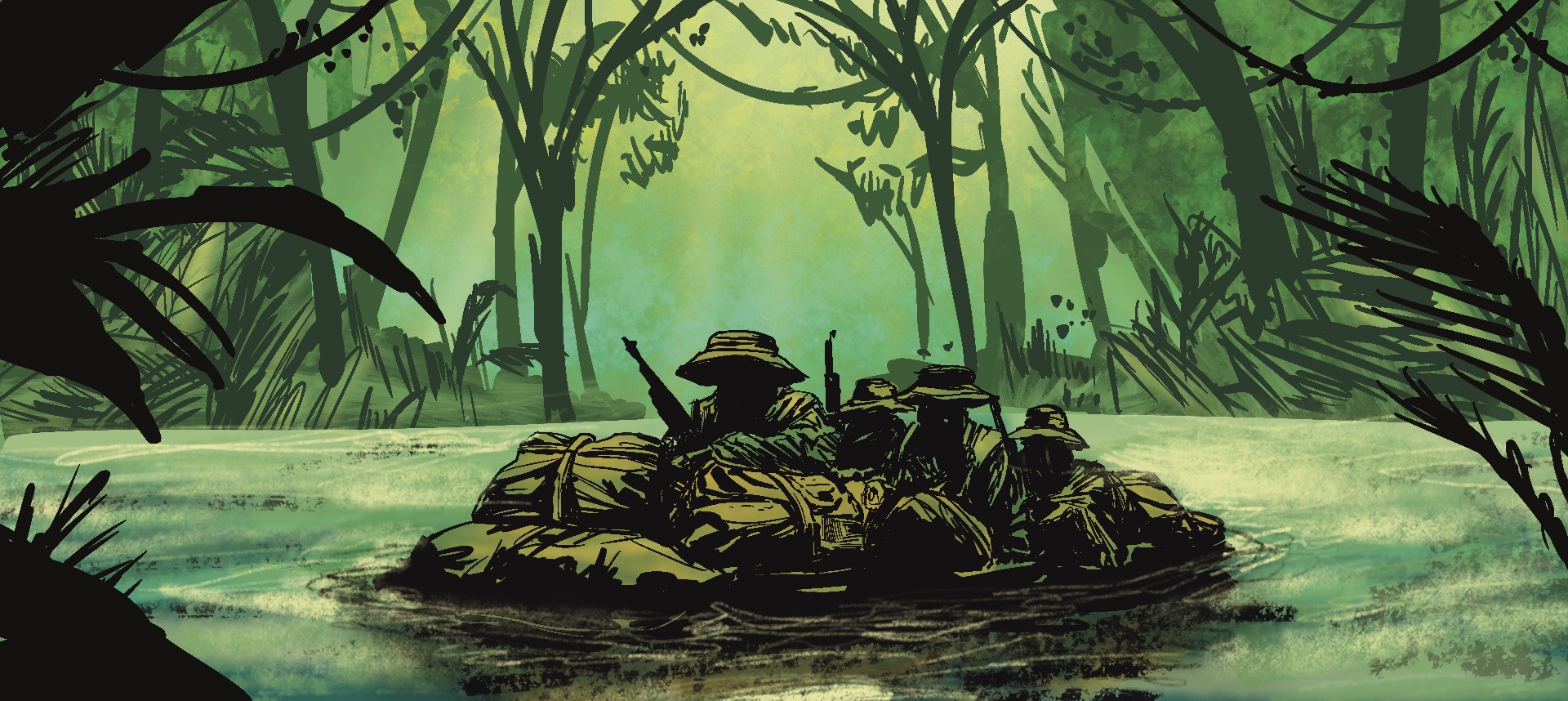 A group of soldiers with boonie hats and rifles are crossing through a dense misty jungle river with an improvised raft loaded with supplies.