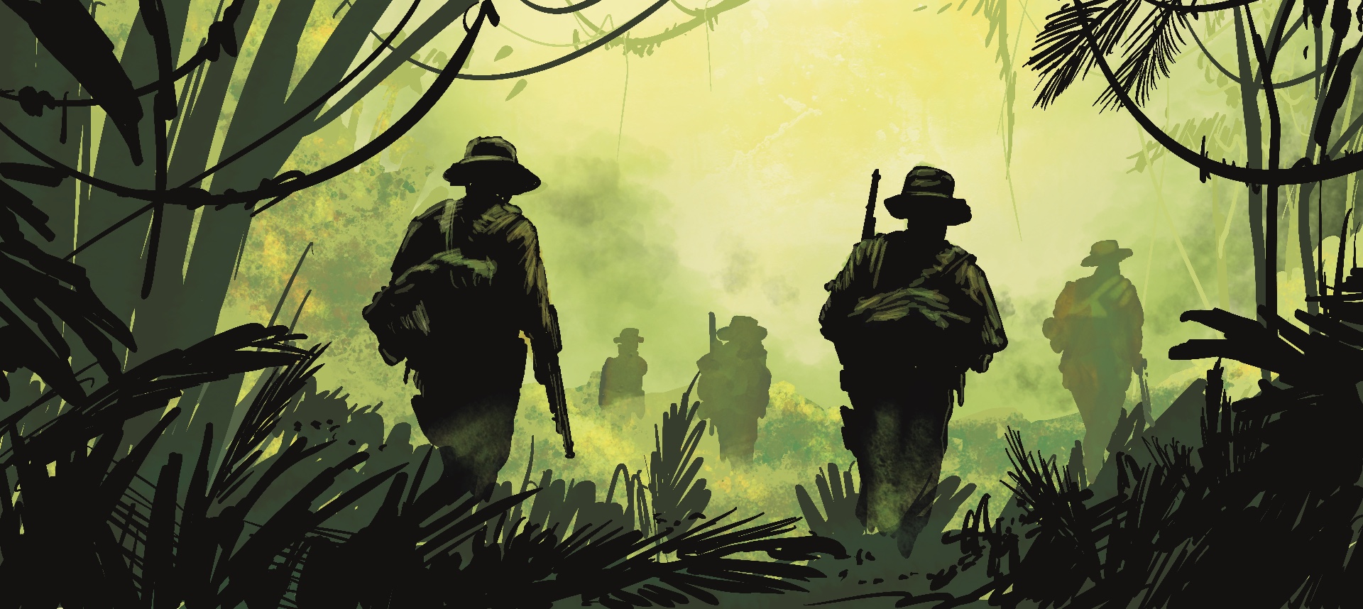 Des silhouettes de soldats marchent dans une jungle dense baignée d'une lumière verte, portant des carabines et du matériel, avec un feuillage sombre au premier plan.