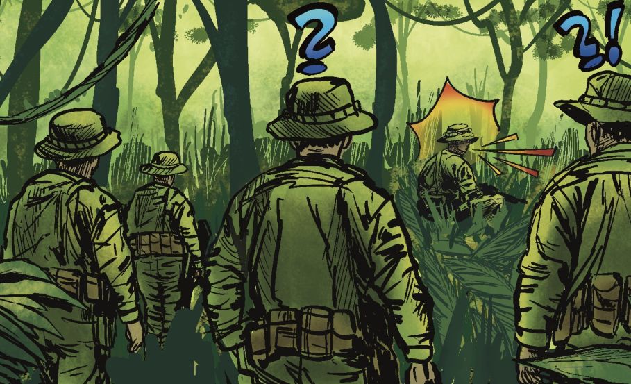 A group of marines, walk through a jungle. One person ahead is cursing, two others have question marks above their heads.