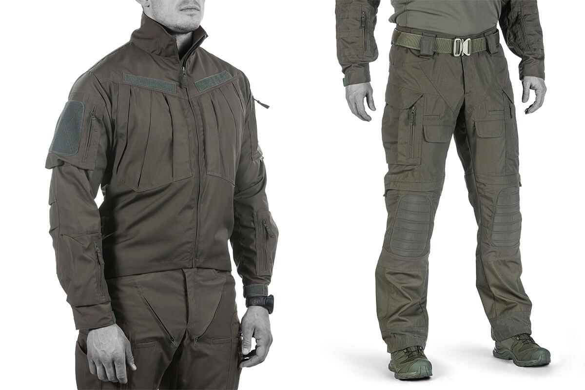 Military set contains a field jacket, pants and combat shirt.