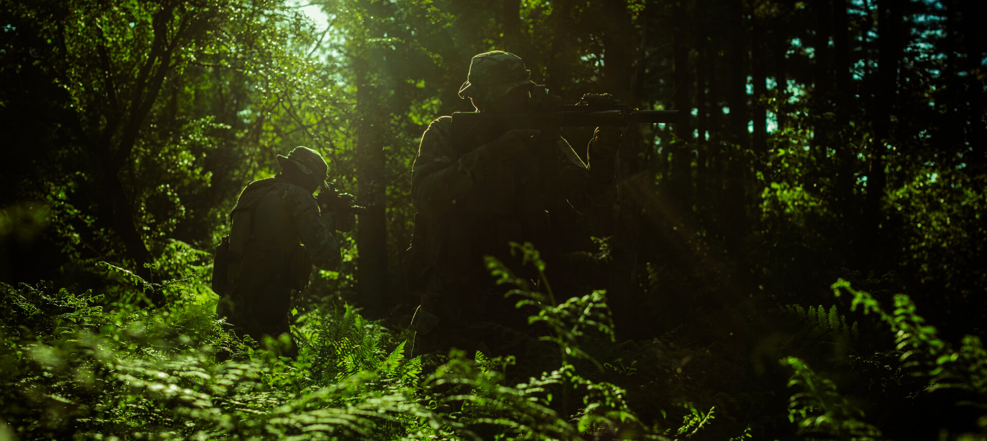 Operators moving through dense jungle and high undergrowth, with sunlight filtering through the canopy