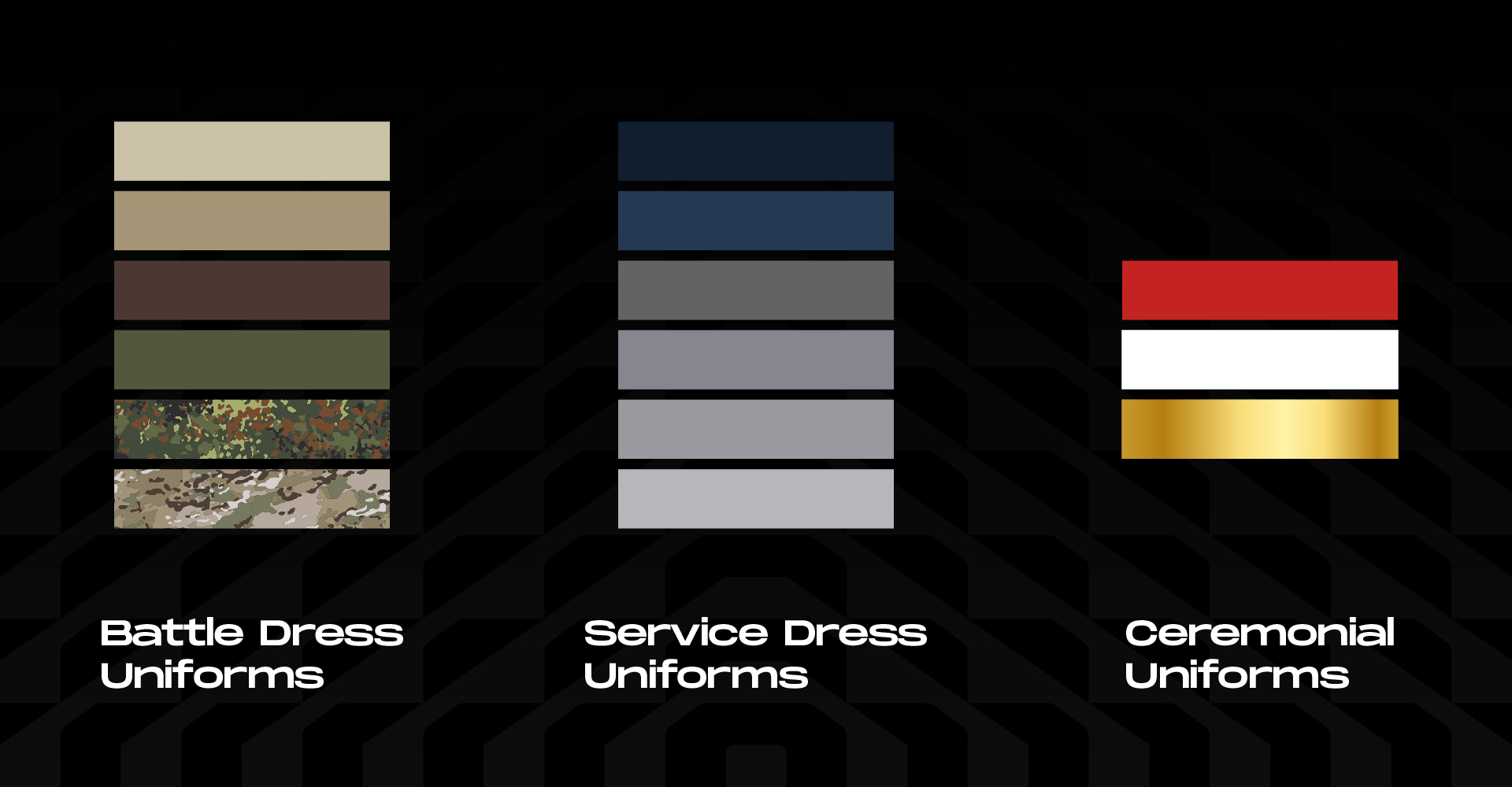 A color palette showcasing shades inspired by various uniform styles, including battle dress, service dress, and ceremonial attire.