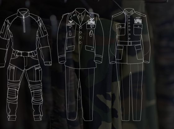 Battle dress uniform (BDU), service dress uniform, and ceremonial uniform outline.