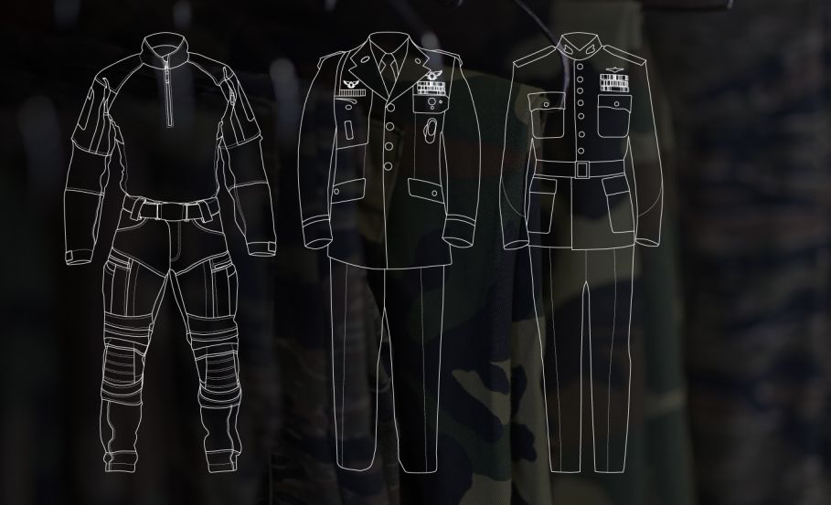 Battle dress uniform (BDU), service dress uniform, and ceremonial uniform outline.