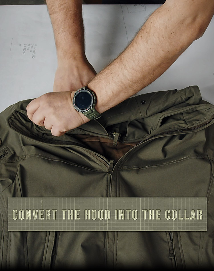 3. FOLDING THE HOOD/HARNESS® HOOD Roll up the hood into collar.